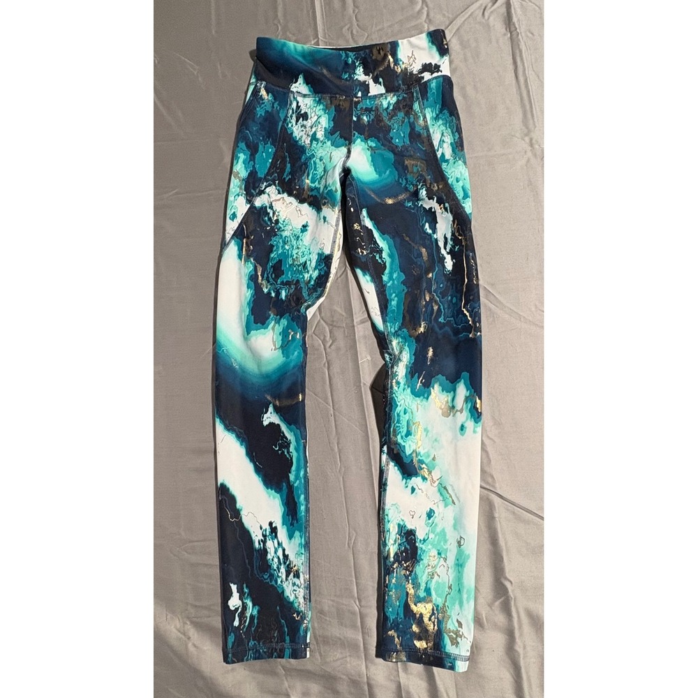 Old Navy Active PowerSoft Leggings Blue Marble Gold Foil High Rise Women L 10-12